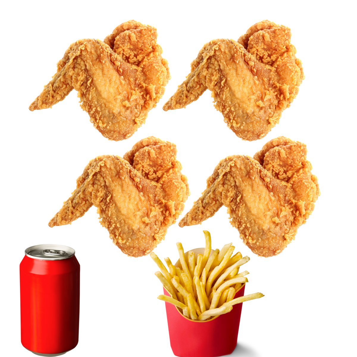 4 PCS Chicken Wings with Fries & Soda Yonkers Halal Fried Chicken and